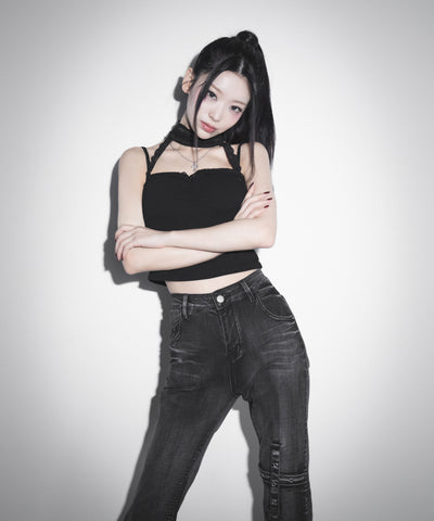 【 カップ付 】レースチョーカーストラップリブキャミソール / lace choker strap lib camisole