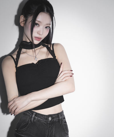 【 カップ付 】レースチョーカーストラップリブキャミソール / lace choker strap lib camisole