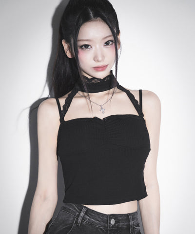 【 カップ付 】レースチョーカーストラップリブキャミソール / lace choker strap lib camisole