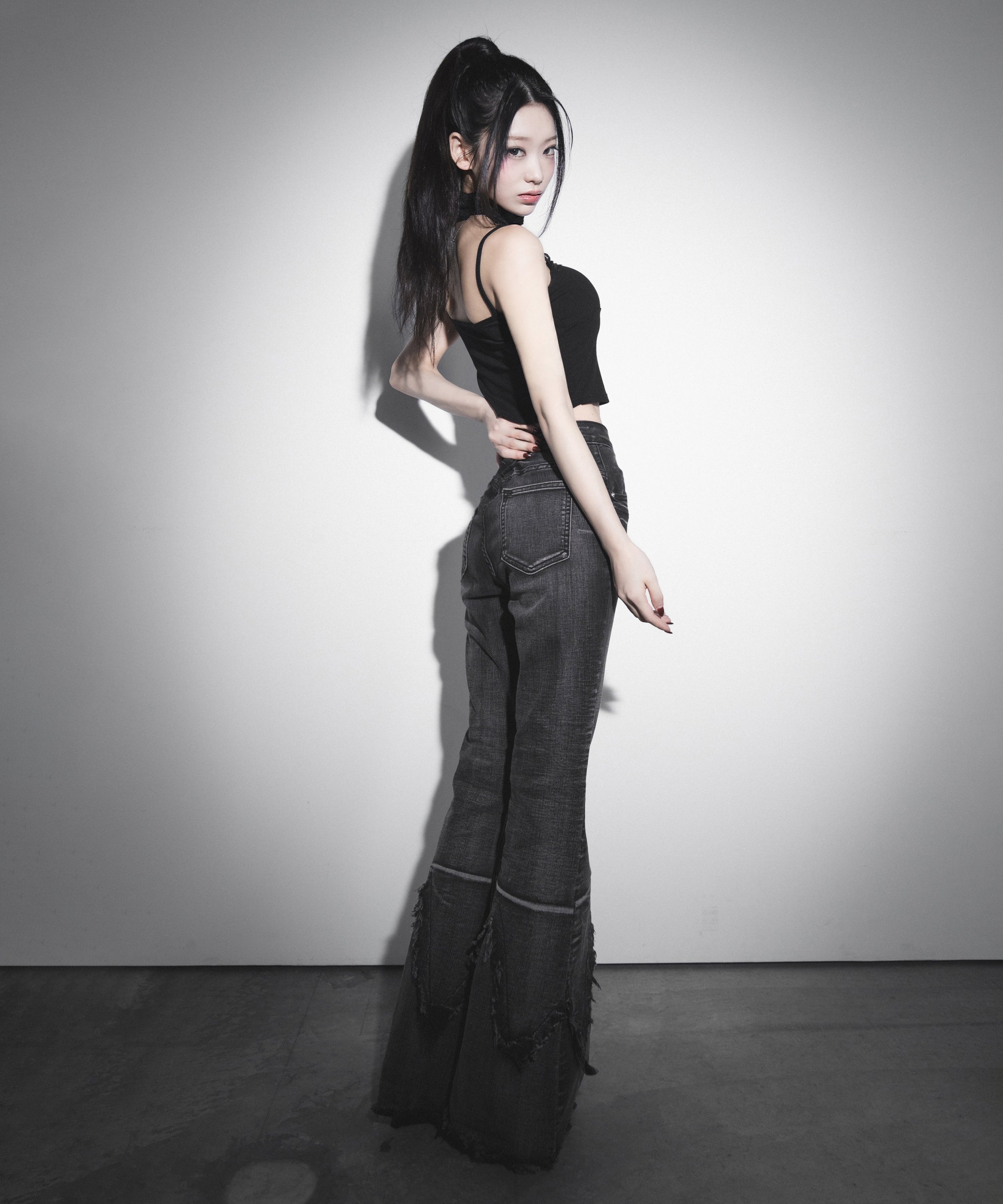 クロスデザインヴィンテージライクフリンジストレッチフレアデニム / cross design vintage-like fringe stretch flare denim