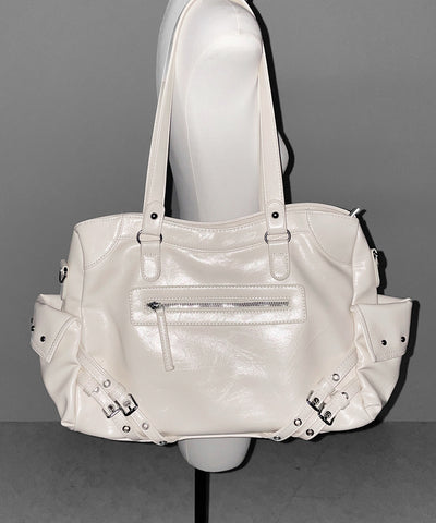 【 ショルダーストラップ付き2WAY 】ベルトデザインスタッズポケットヴィンテージショルダーバッグ / ( 2WAY ) belt design studs pocket vintage shoulder bag