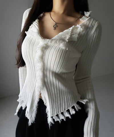 ダメージフリンジリブニットスリムカーディガン / damage fringe rib knit slim cardigan