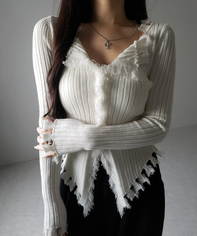 ダメージフリンジリブニットスリムカーディガン / damage fringe rib knit slim cardigan
