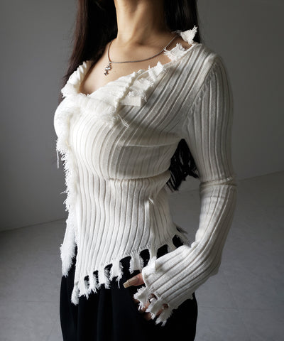 ダメージフリンジリブニットスリムカーディガン / damage fringe rib knit slim cardigan