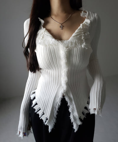 ダメージフリンジリブニットスリムカーディガン / damage fringe rib knit slim cardigan