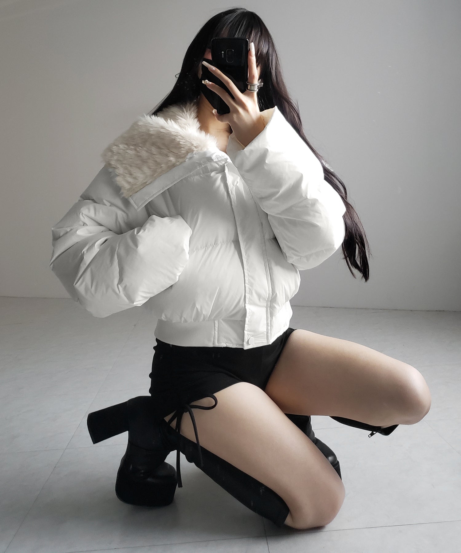 フェイクファー襟レディパフショートダウンジャケット / fakefur collar lady puff short down jacket