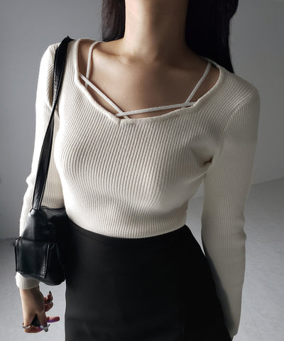 クロスラインストラップデザインリブニット