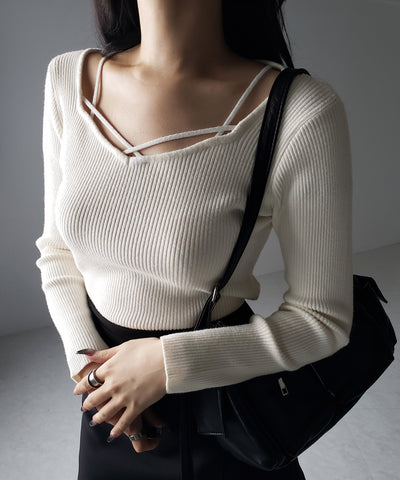 クロスラインストラップデザインリブニット