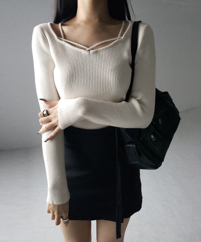 クロスラインストラップデザインリブニット