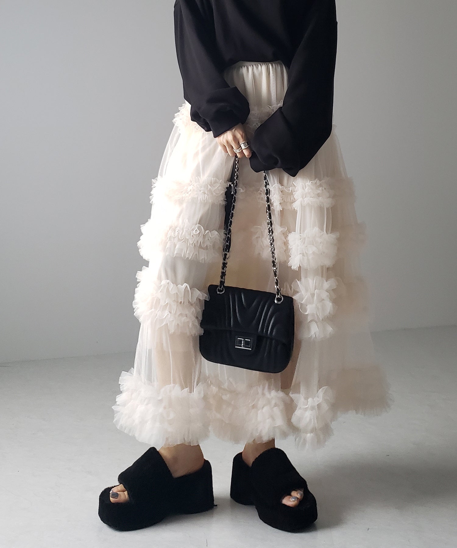 シアーフリルレイヤードボリュームチュールスカート