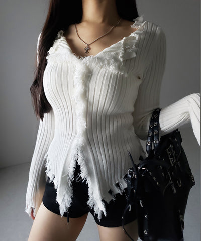 ダメージフリンジリブニットスリムカーディガン / damage fringe rib knit slim cardigan