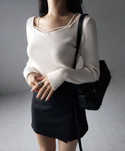 クロスラインストラップデザインリブニット