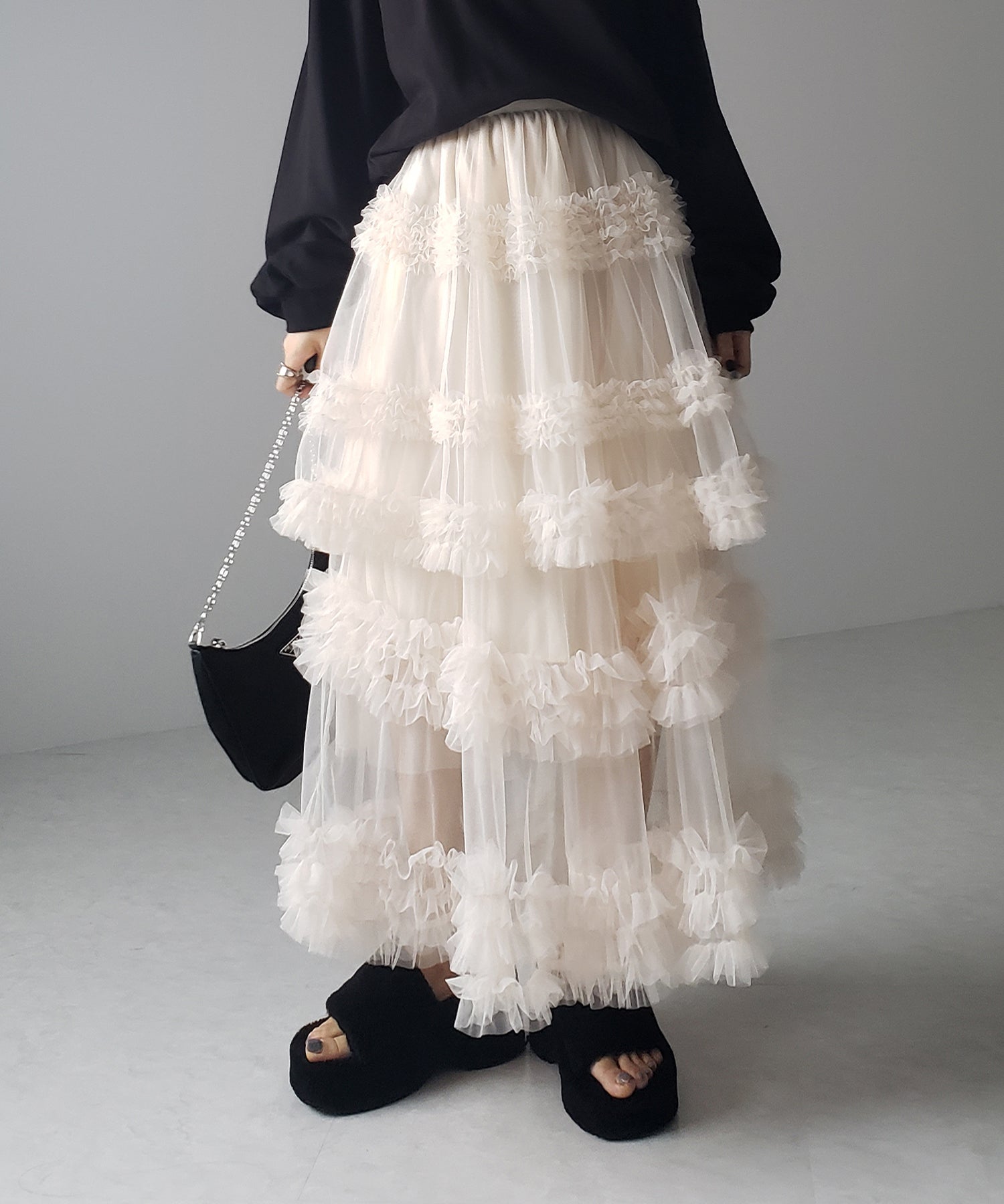 シアーフリルレイヤードボリュームチュールスカート