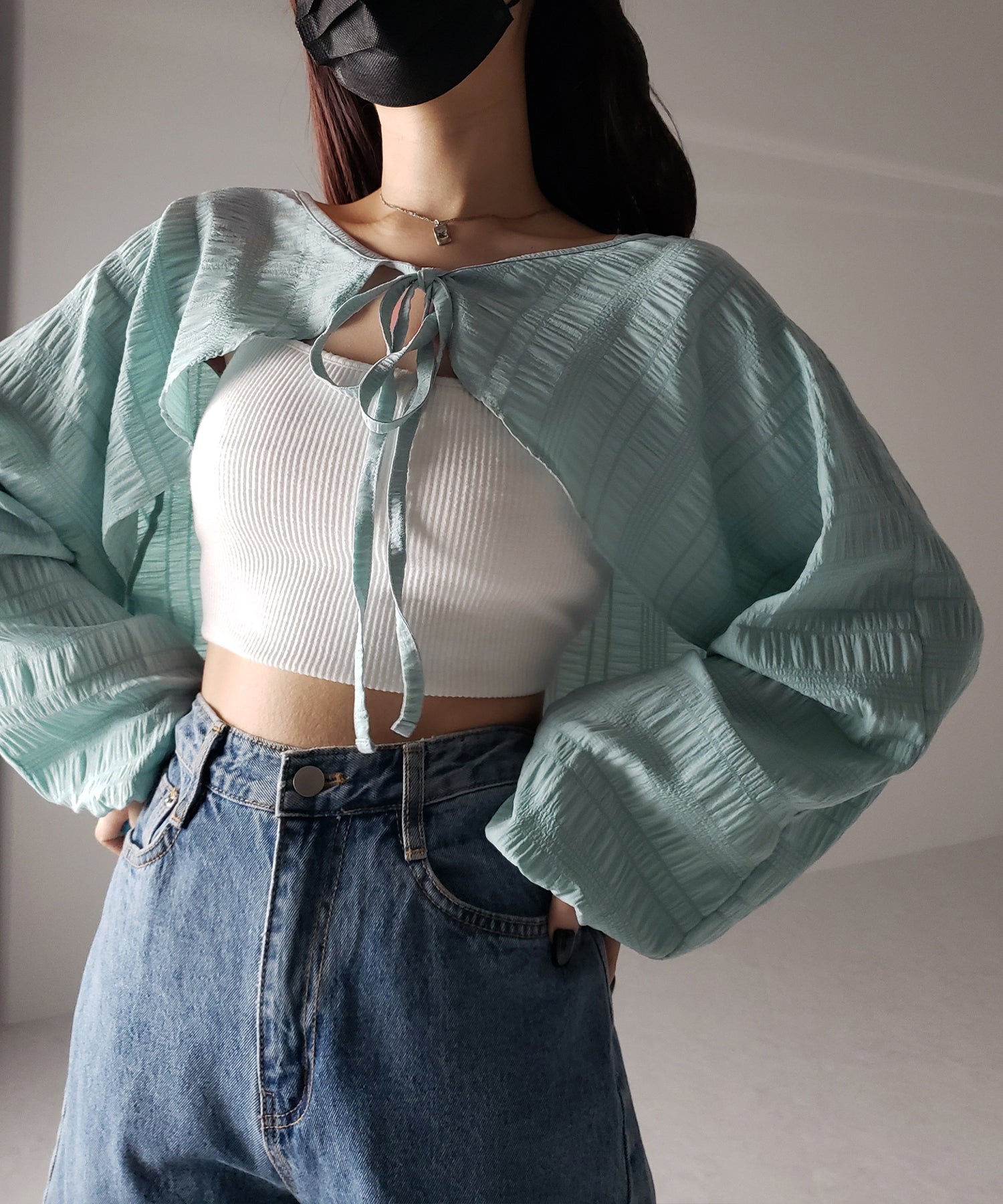 【 7color 】フロントリボンシャーリングショートボレロカーディガン
