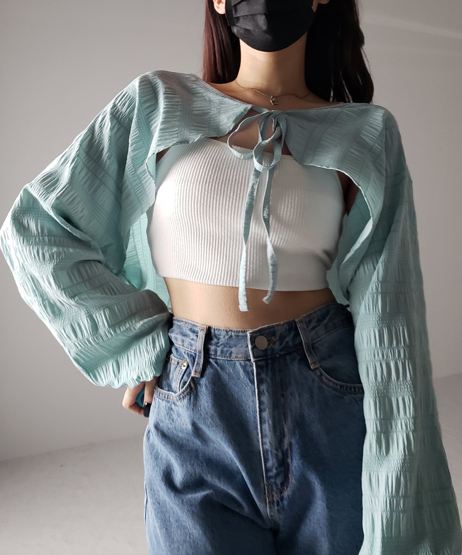 【 7color 】フロントリボンシャーリングショートボレロカーディガン