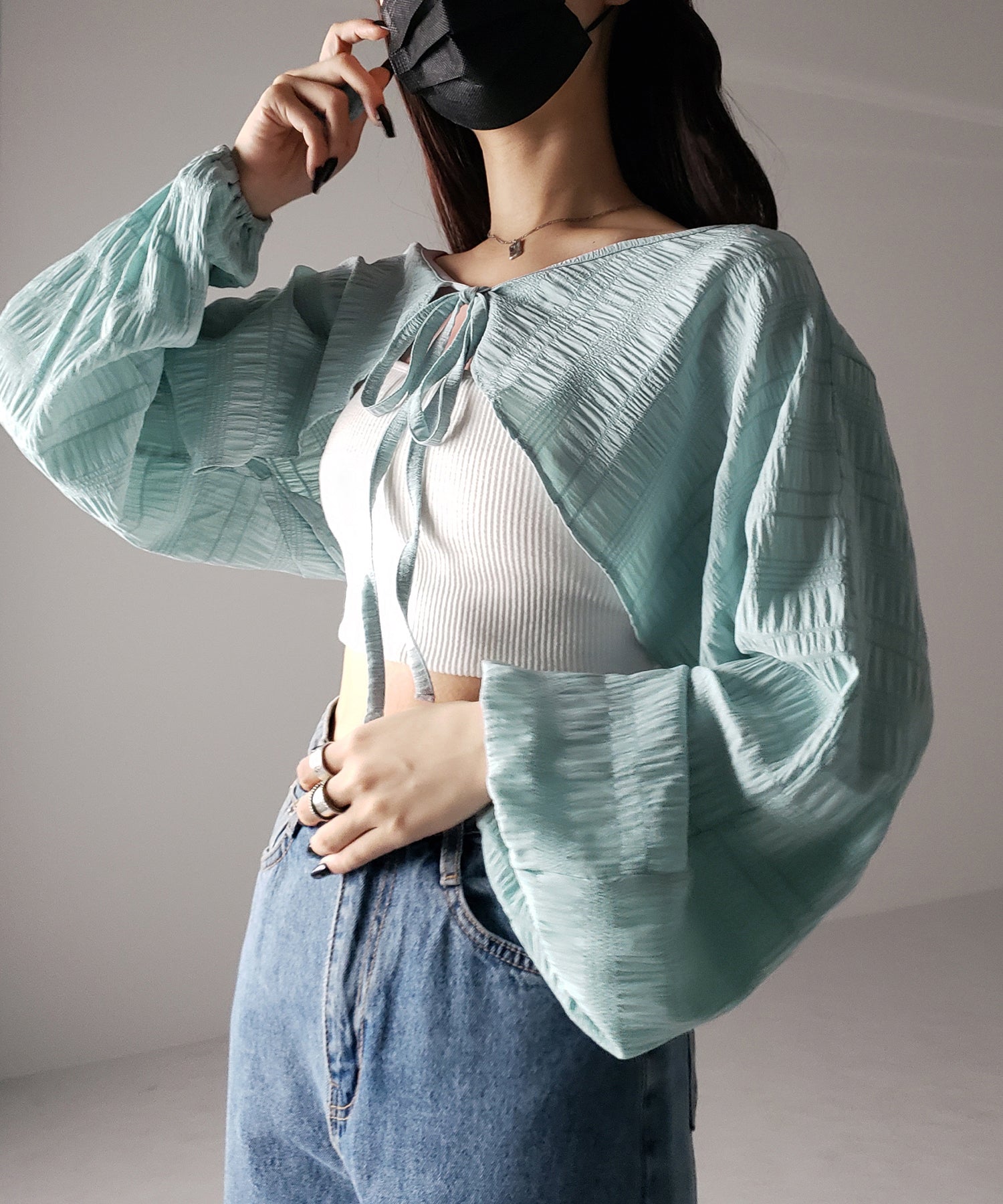 【 7color 】フロントリボンシャーリングショートボレロカーディガン