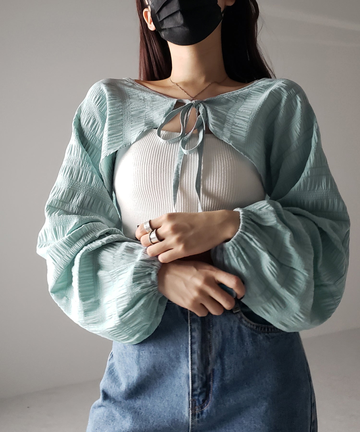 【 7color 】フロントリボンシャーリングショートボレロカーディガン