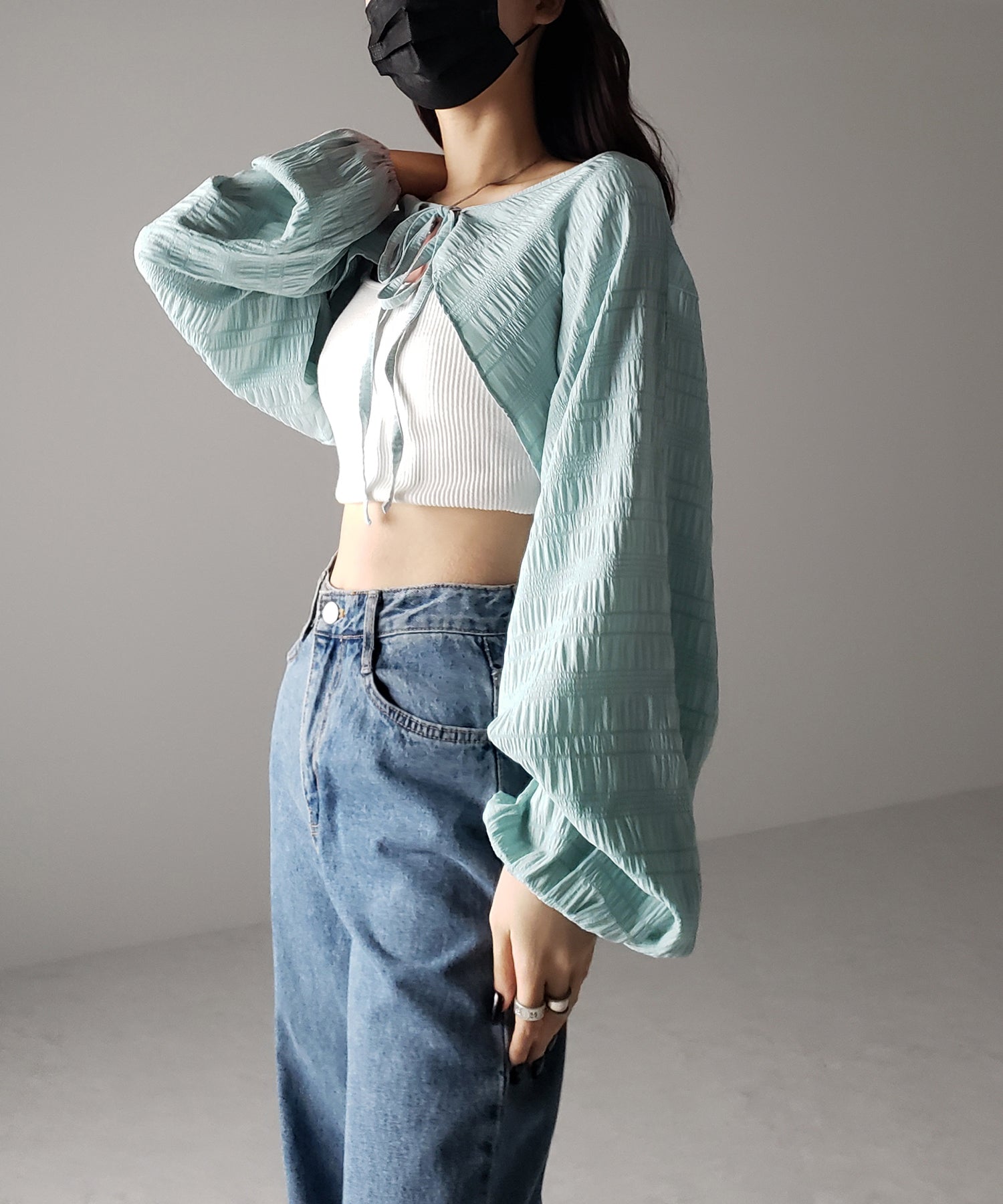 【 7color 】フロントリボンシャーリングショートボレロカーディガン