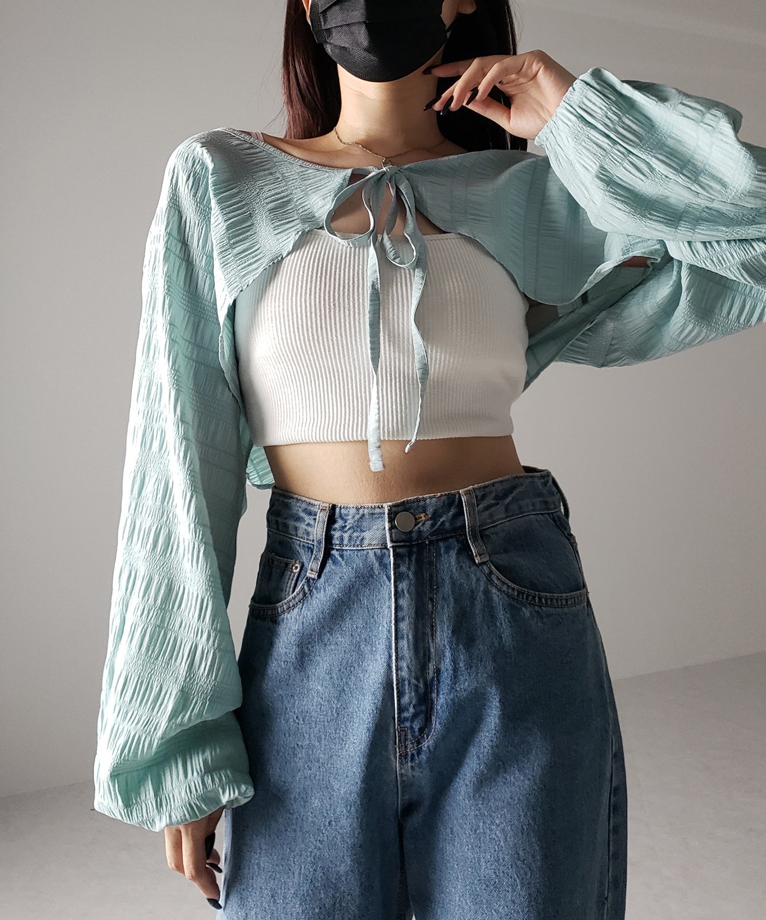 【 7color 】フロントリボンシャーリングショートボレロカーディガン