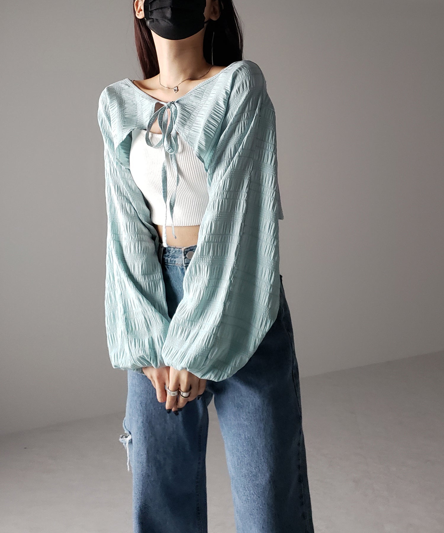 【 7color 】フロントリボンシャーリングショートボレロカーディガン