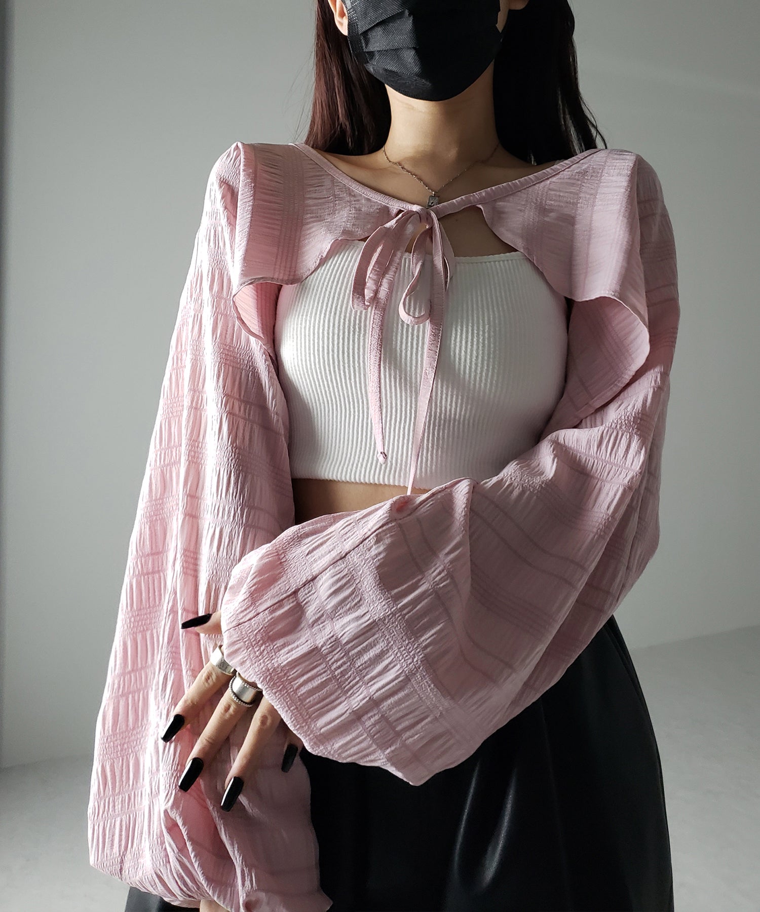 【 7color 】フロントリボンシャーリングショートボレロカーディガン