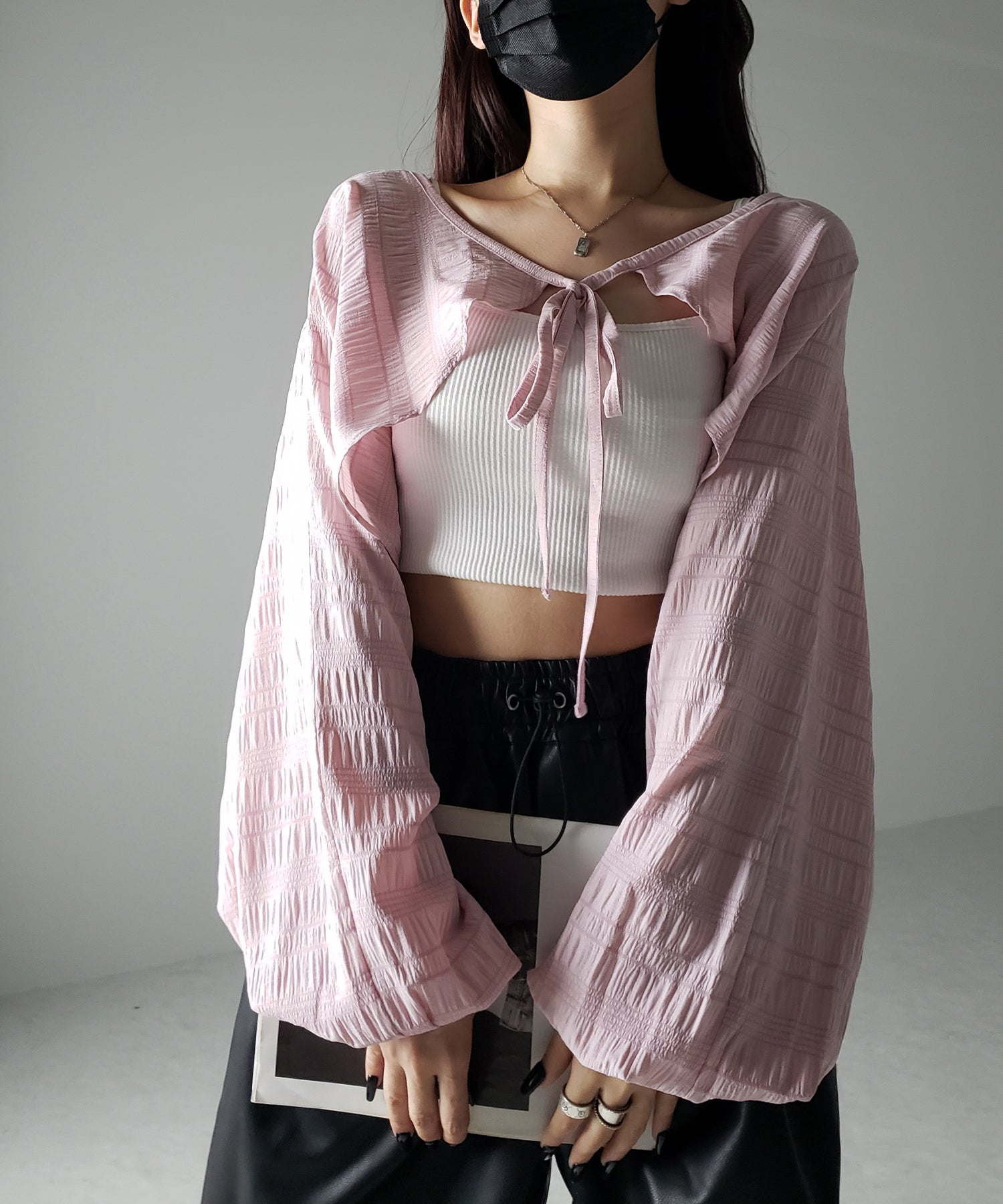 【 7color 】フロントリボンシャーリングショートボレロカーディガン