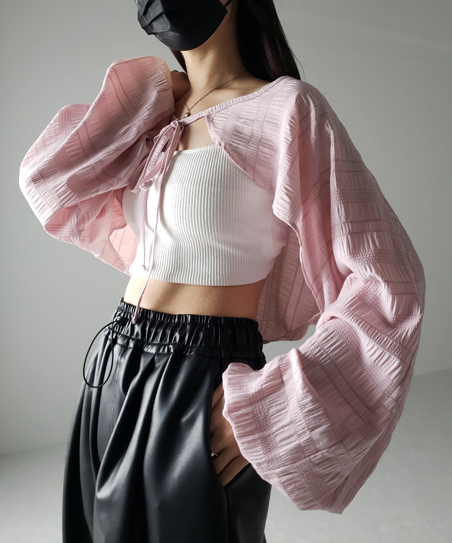 【 7color 】フロントリボンシャーリングショートボレロカーディガン