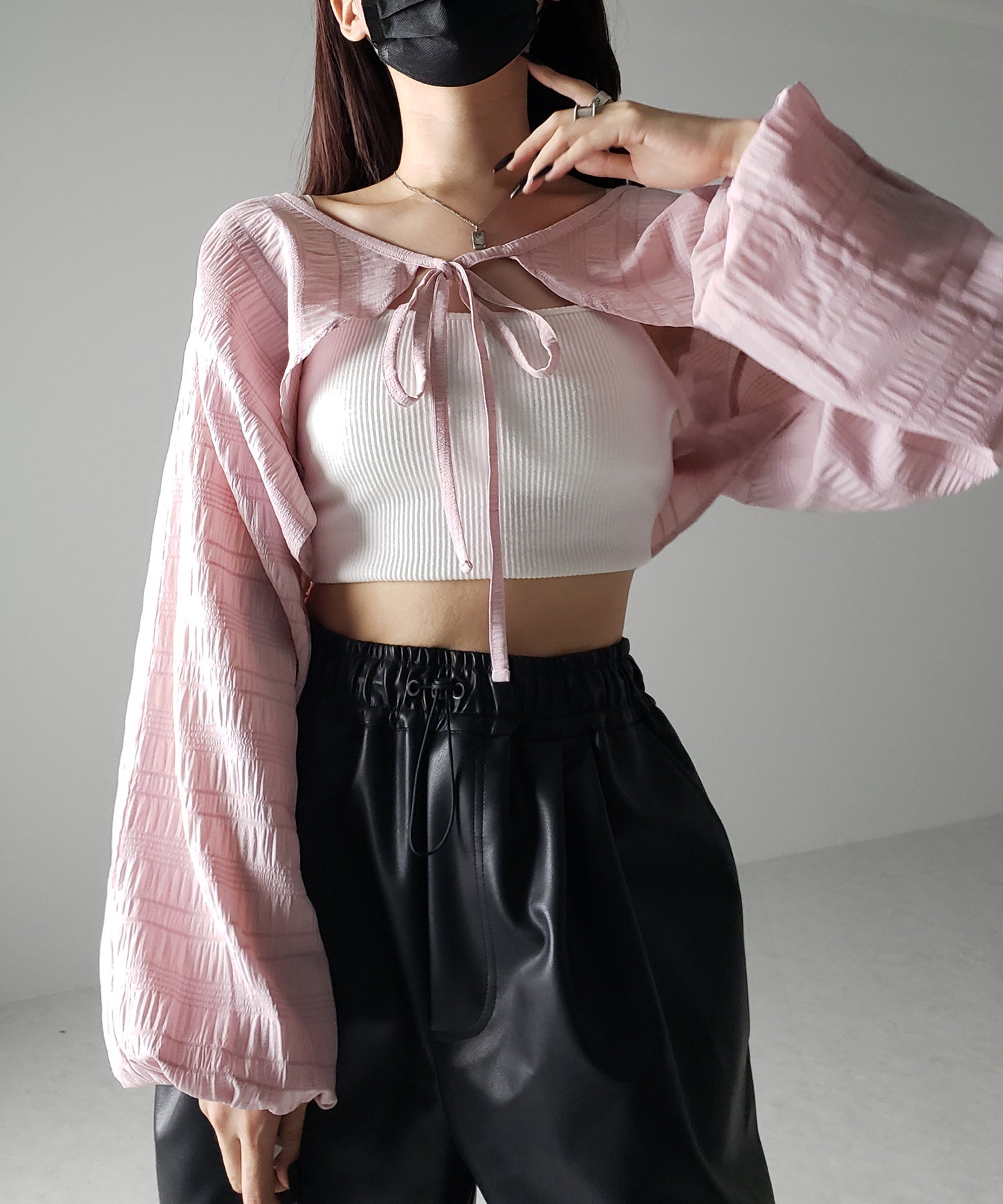 【 7color 】フロントリボンシャーリングショートボレロカーディガン