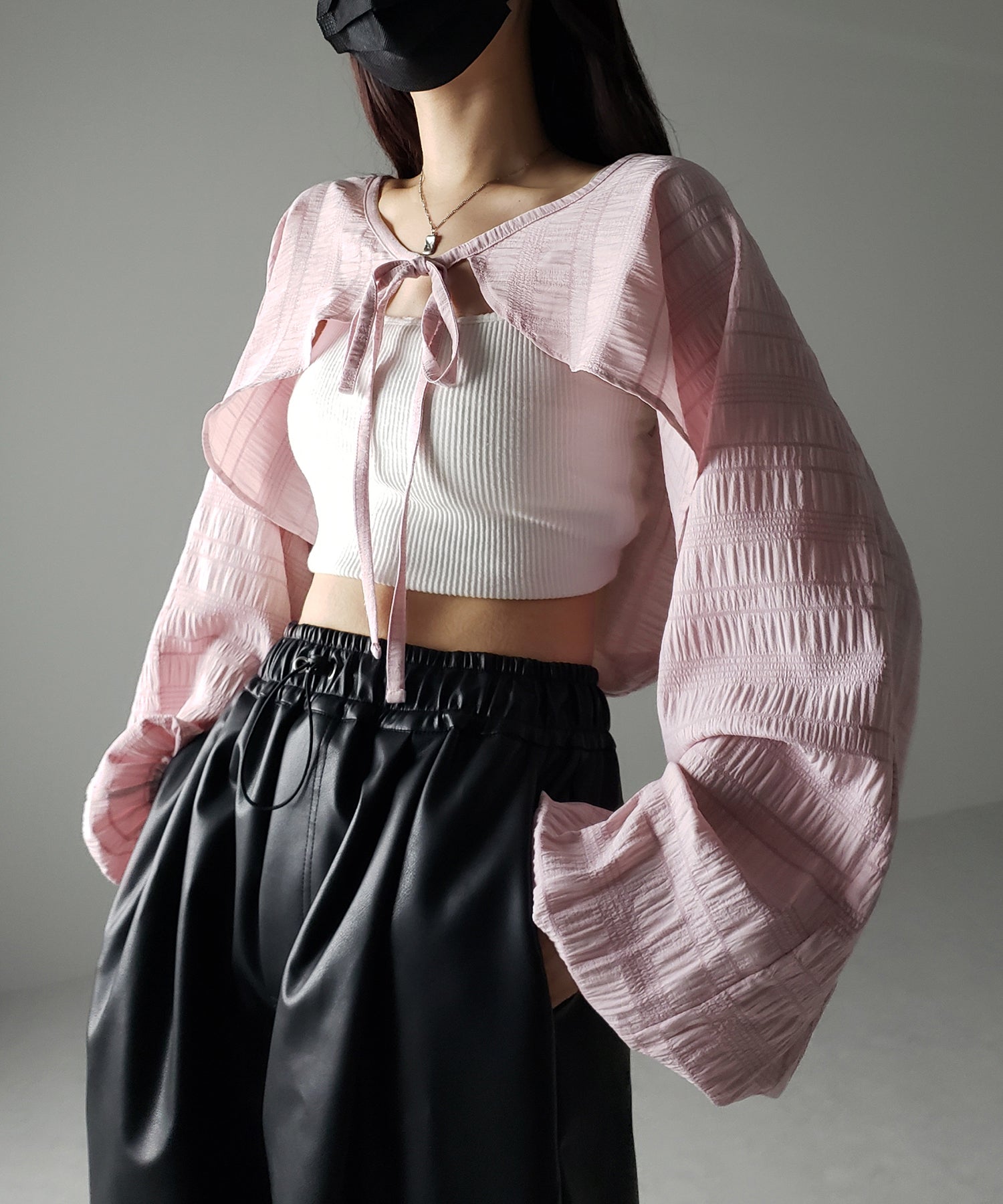 【 7color 】フロントリボンシャーリングショートボレロカーディガン