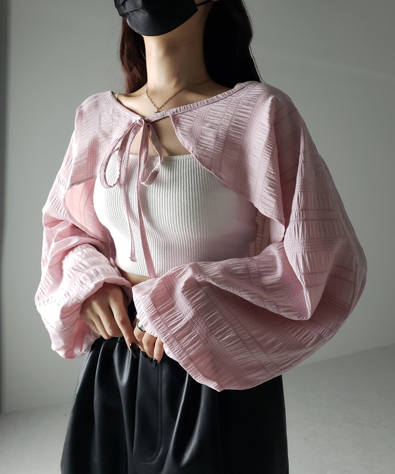 【 7color 】フロントリボンシャーリングショートボレロカーディガン