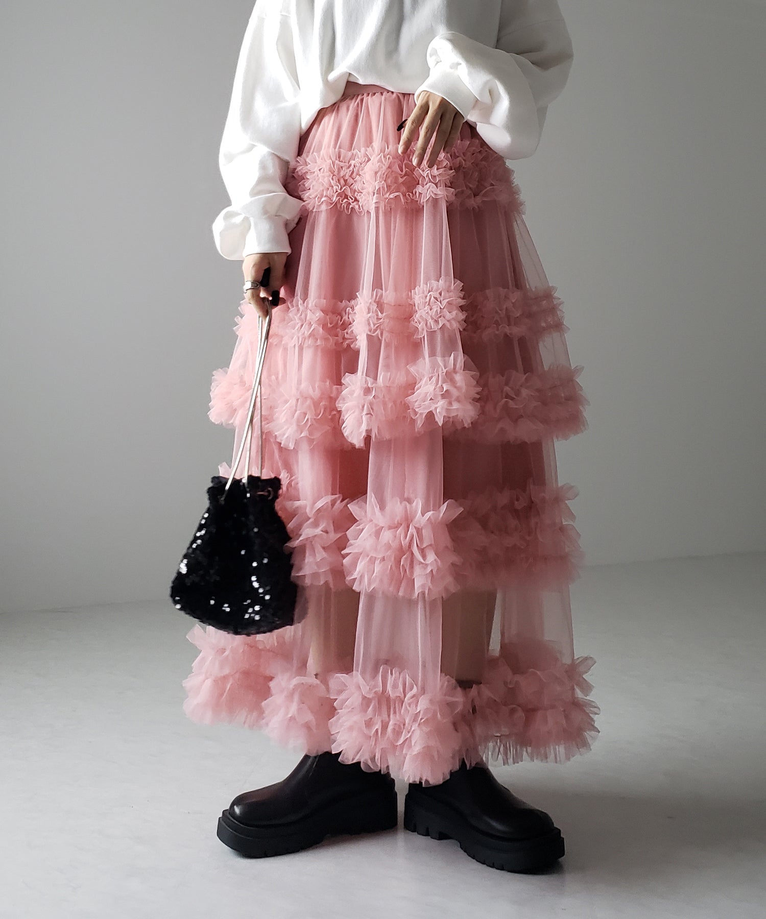 シアーフリルレイヤードボリュームチュールスカート
