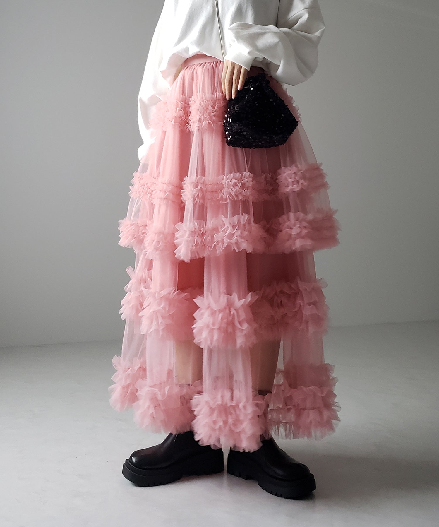 シアーフリルレイヤードボリュームチュールスカート