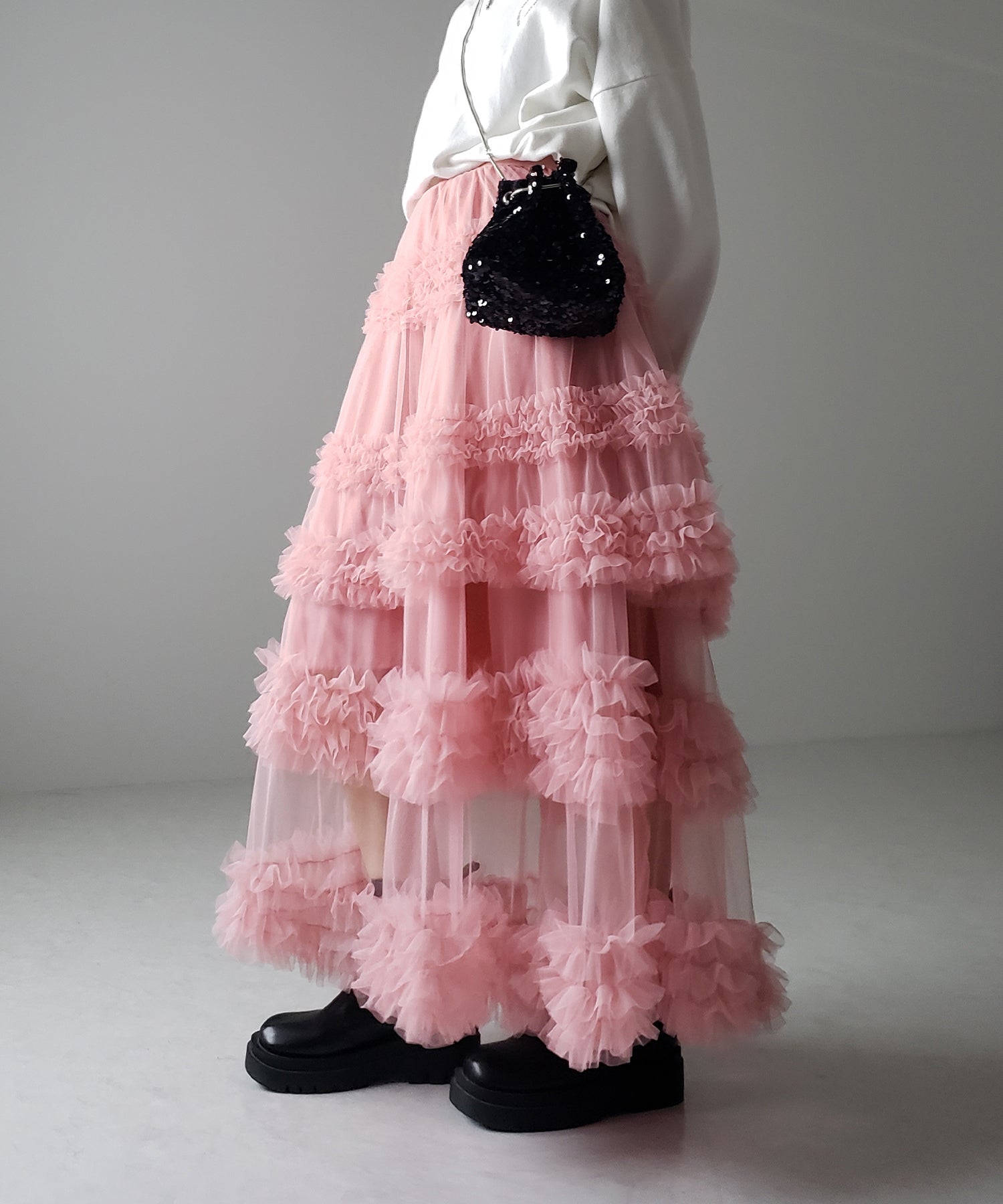 シアーフリルレイヤードボリュームチュールスカート