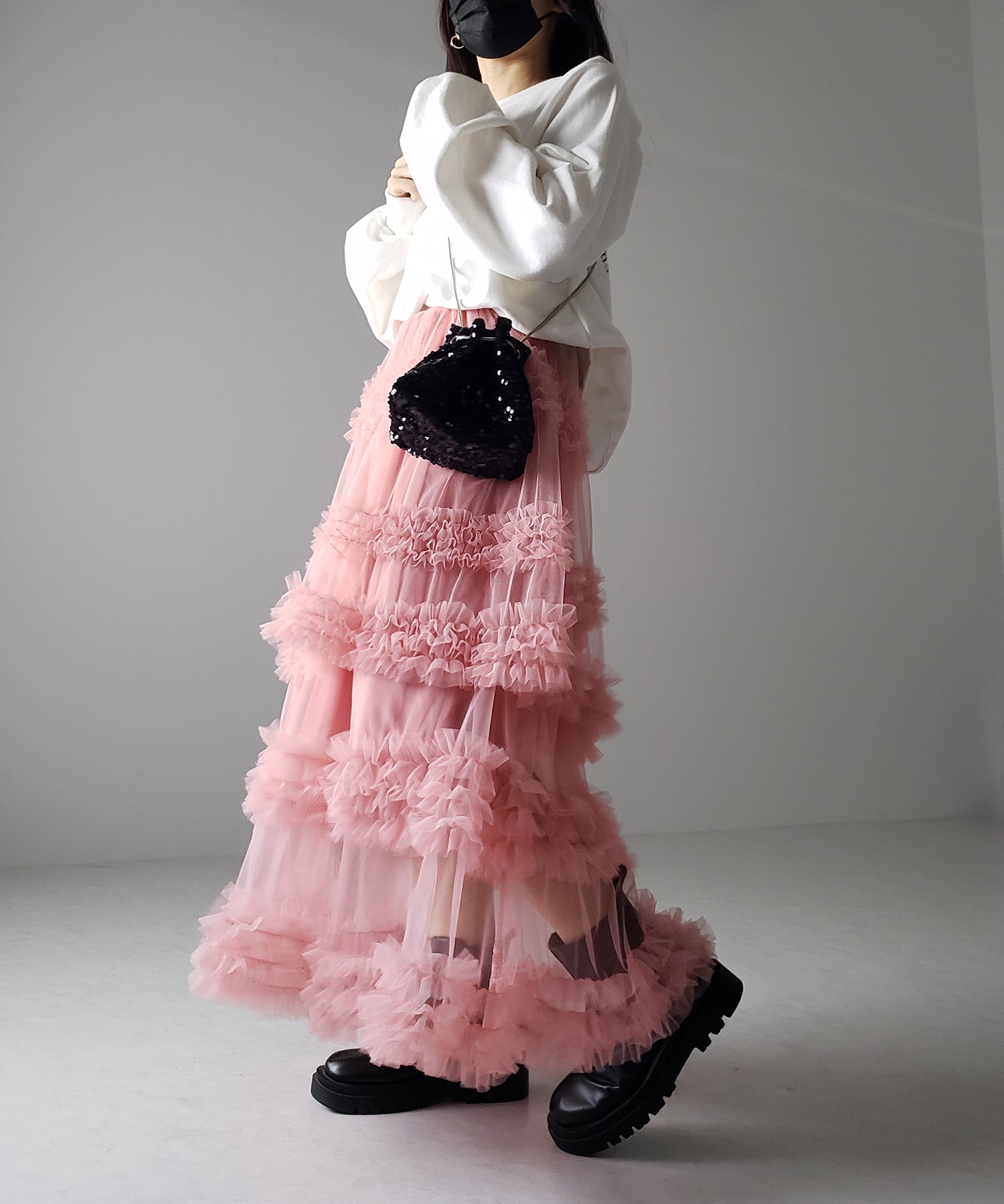 シアーフリルレイヤードボリュームチュールスカート
