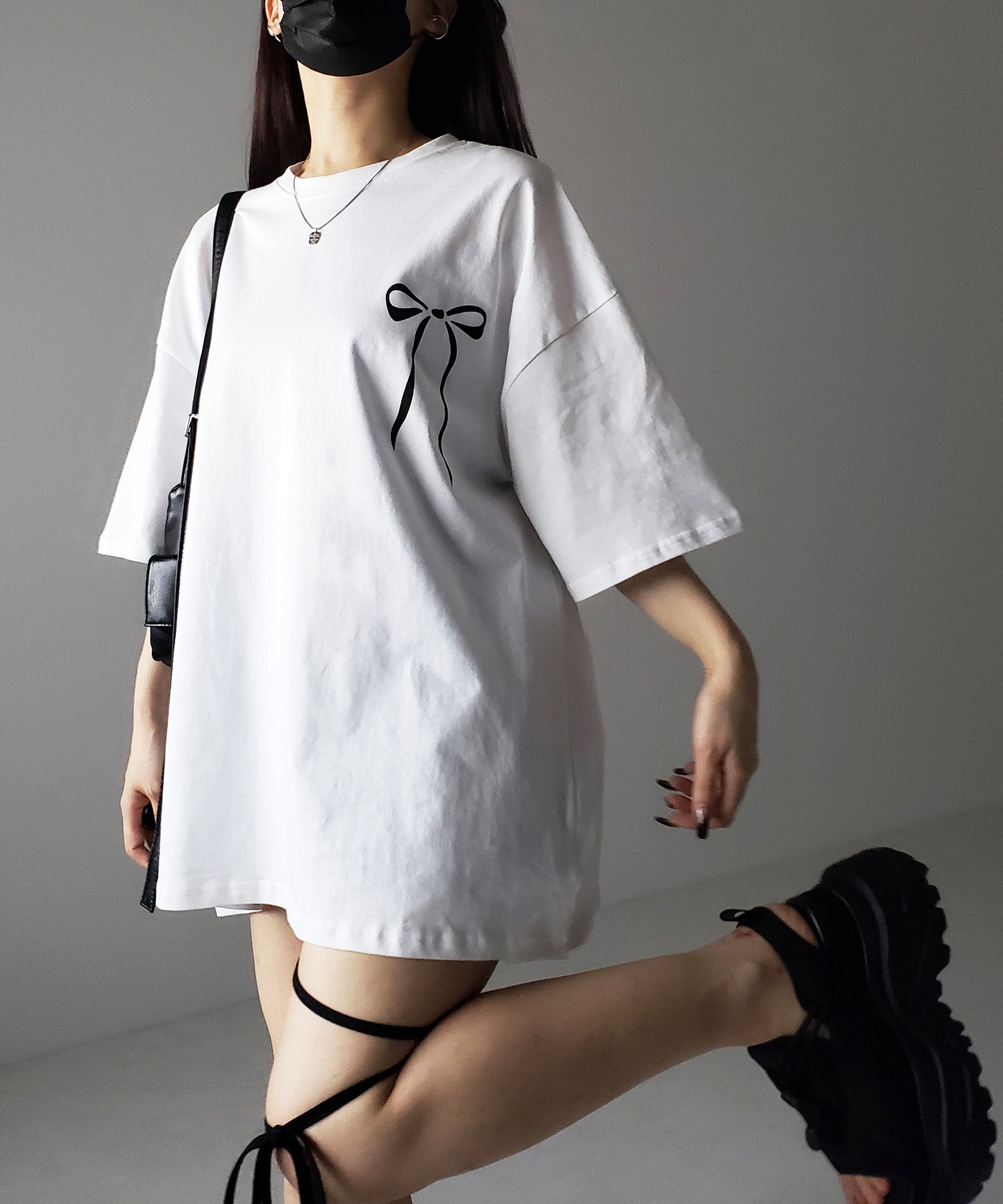 【 3color 】半袖リボンプリントバレエコアビッグTシャツ / short sleeve ribbon print ballet core big Tee
