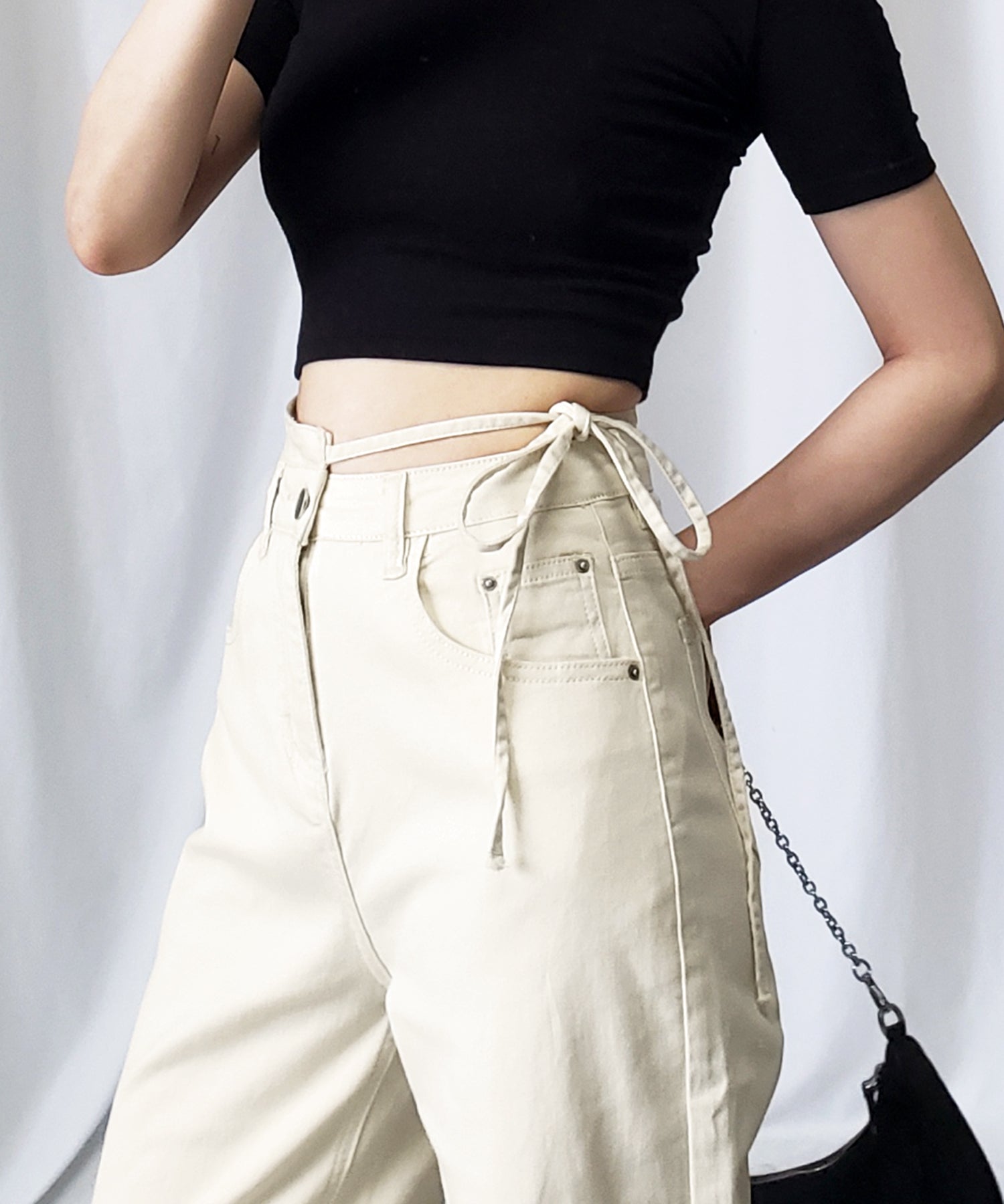【 4color 】カットアウトサイドリボンウォッシュストレートデニム