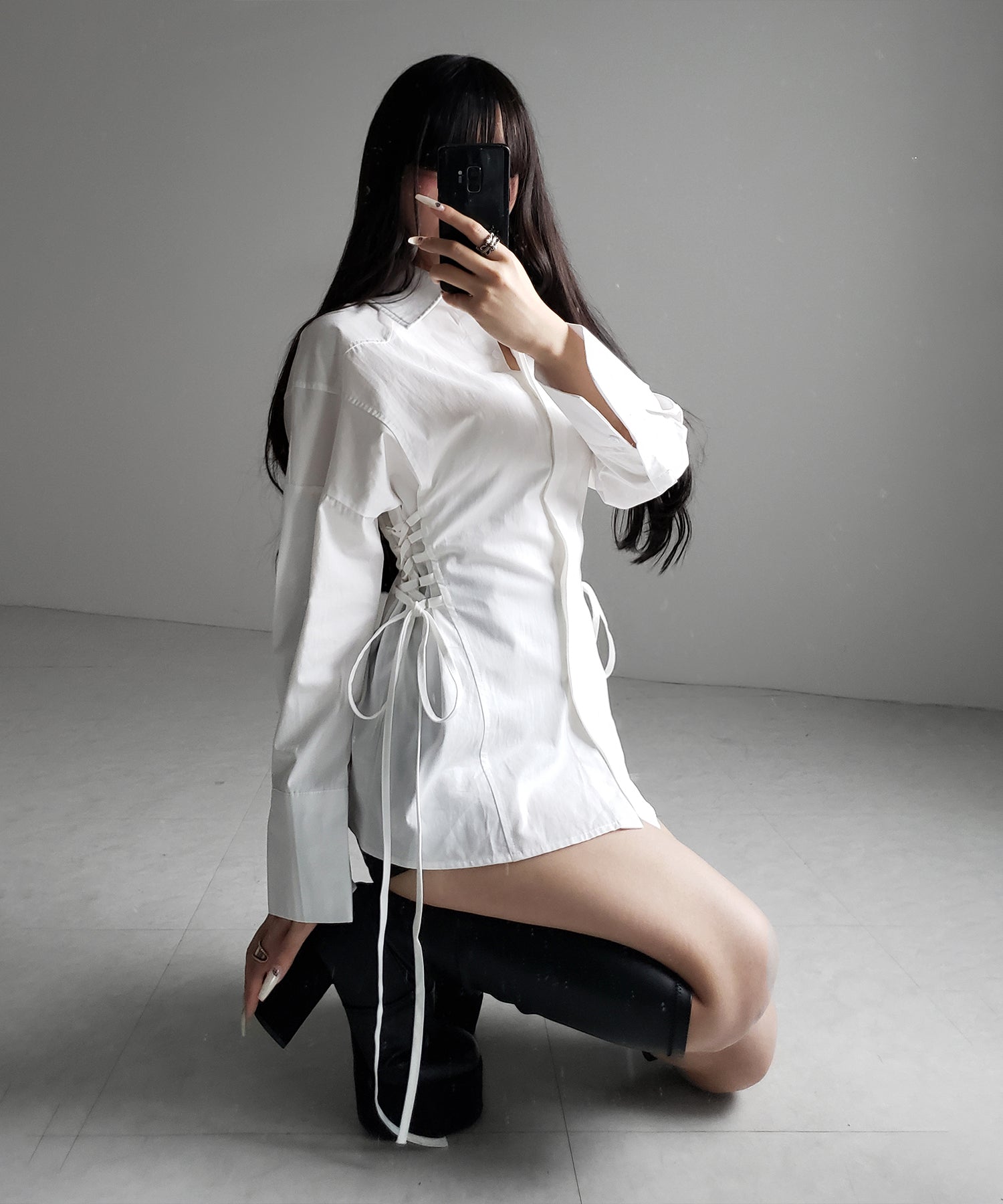 レースアップサイドリボンスリムラインシャツ / lace up side ribbon slim line shirt