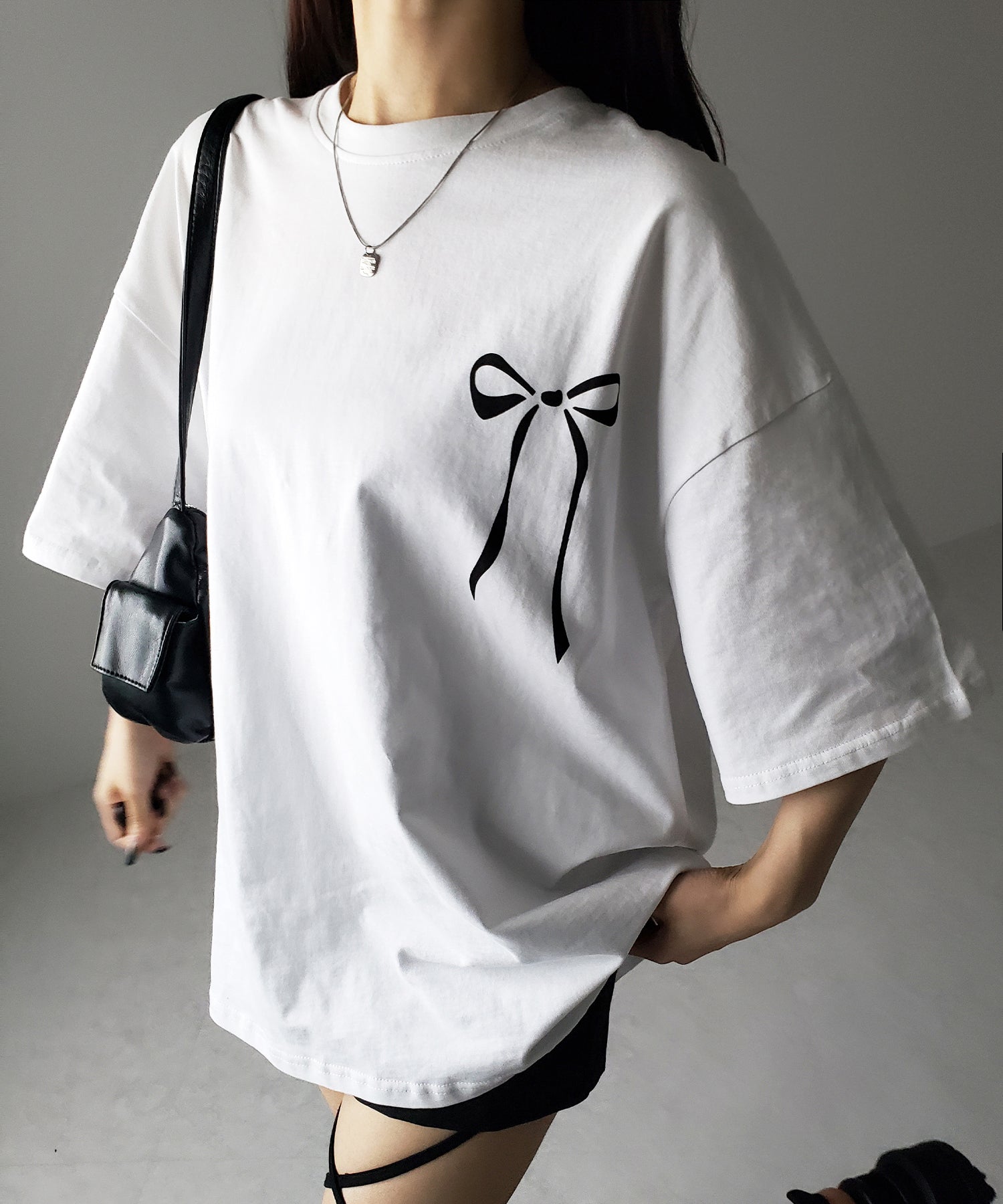 【 3color 】半袖リボンプリントバレエコアビッグTシャツ / short sleeve ribbon print ballet core big Tee
