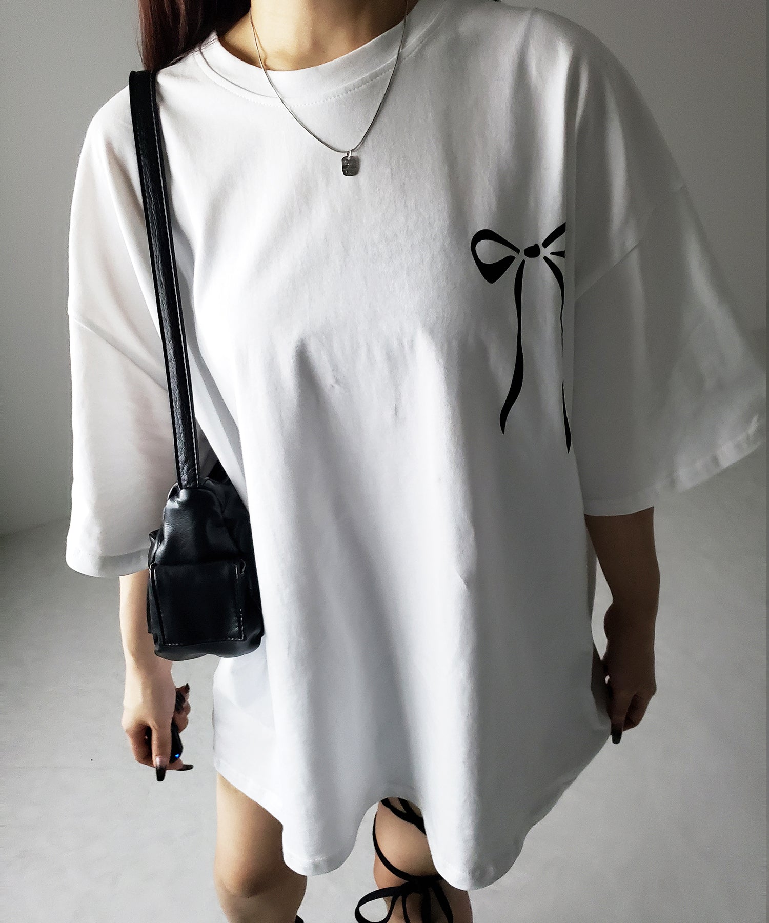 【 3color 】半袖リボンプリントバレエコアビッグTシャツ / short sleeve ribbon print ballet core big Tee