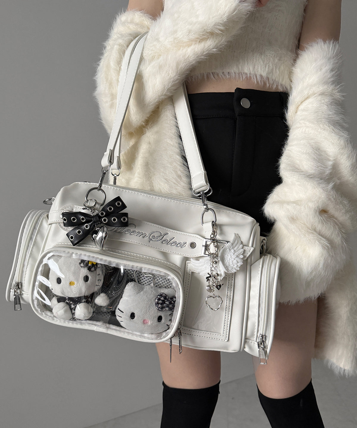 クリアポケット付きレタリング刺繍ショルダーバッグ / clear pocket lettering embroidery shoulder bag