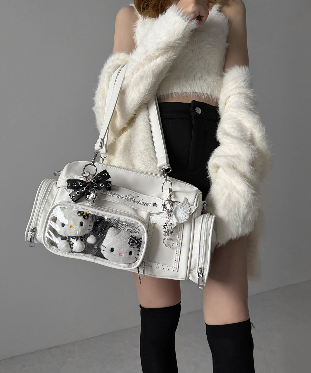 クリアポケット付きレタリング刺繍ショルダーバッグ / clear pocket lettering embroidery shoulder bag