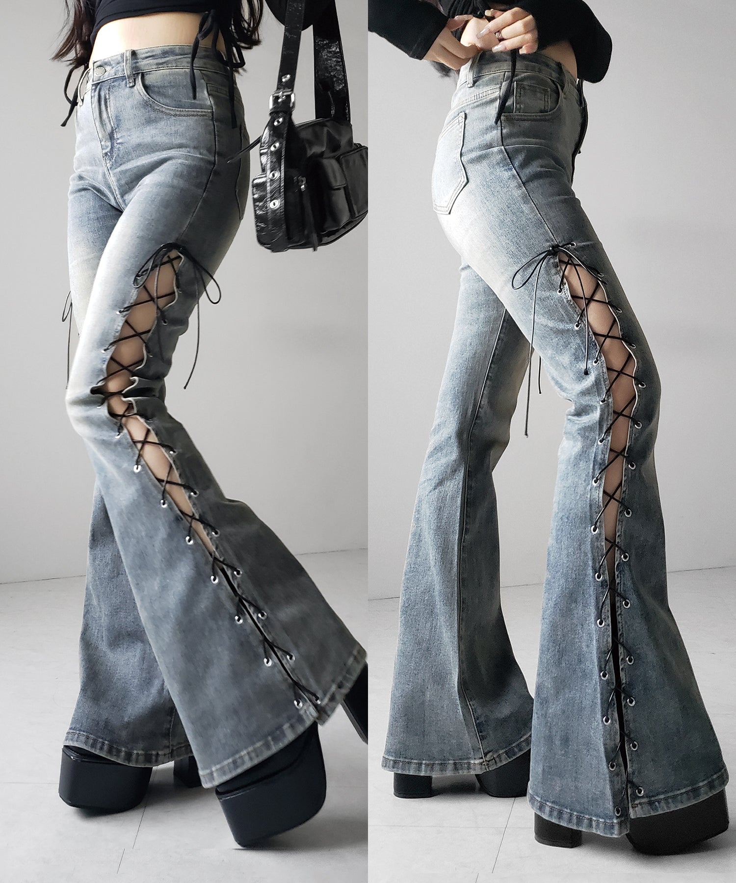 レースアップカットアウトストレッチフレアデニム / lace up cutout stretch flare denim