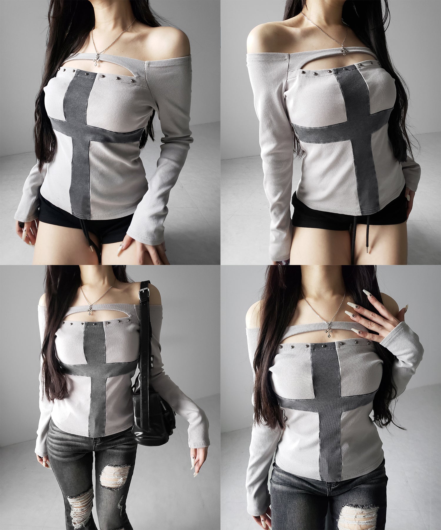 十字架ヴィンテージクロスオフショルスリムリブトップス / vintage cross offshoulder slim lib tops