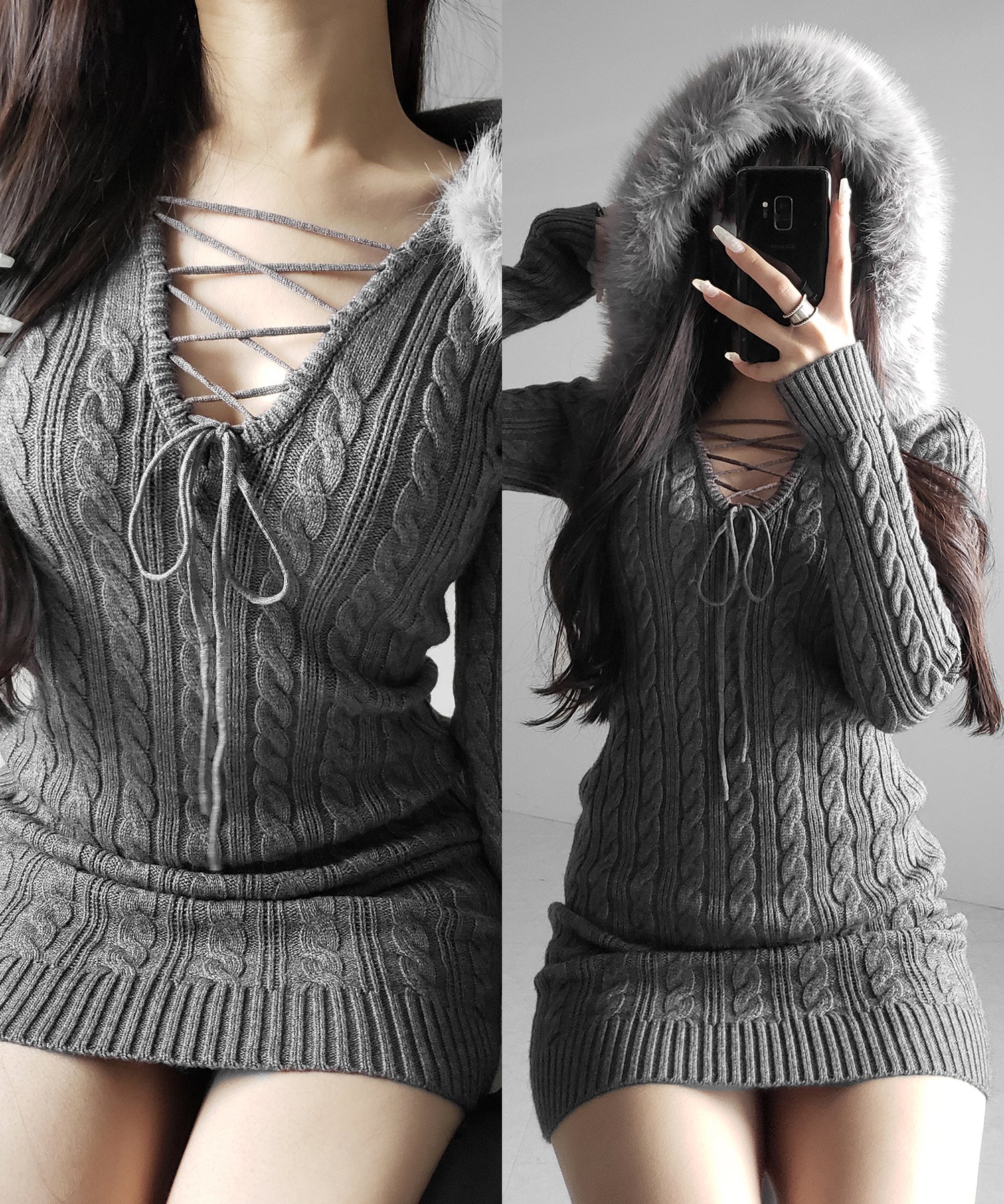 ファーフーディレースアップレディニットミニワンピース / fur hoodie lace up lady knit mini onepiece