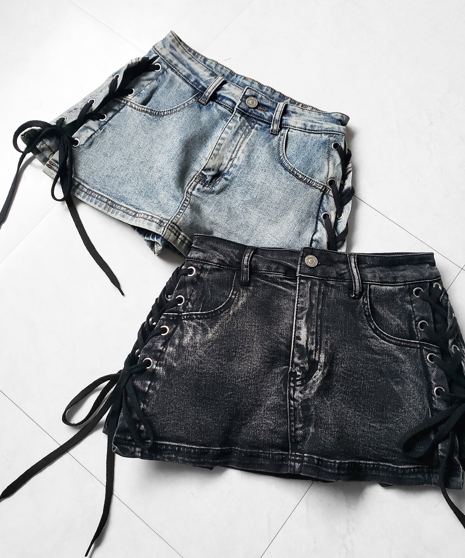 【 インパン裏地付き 】レースアップマイクロデニムミニスカパン / Lace-up micro denim mini skirt pants
