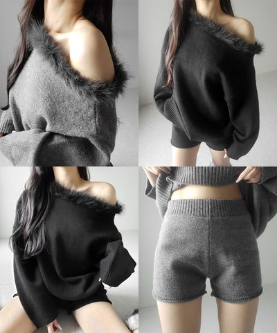 【 ニットセットアップ 】フェイクファーワンショルオーバーニット + ニットショートパンツ SET / fake fur one-shoulder over knit + knit short pants SET