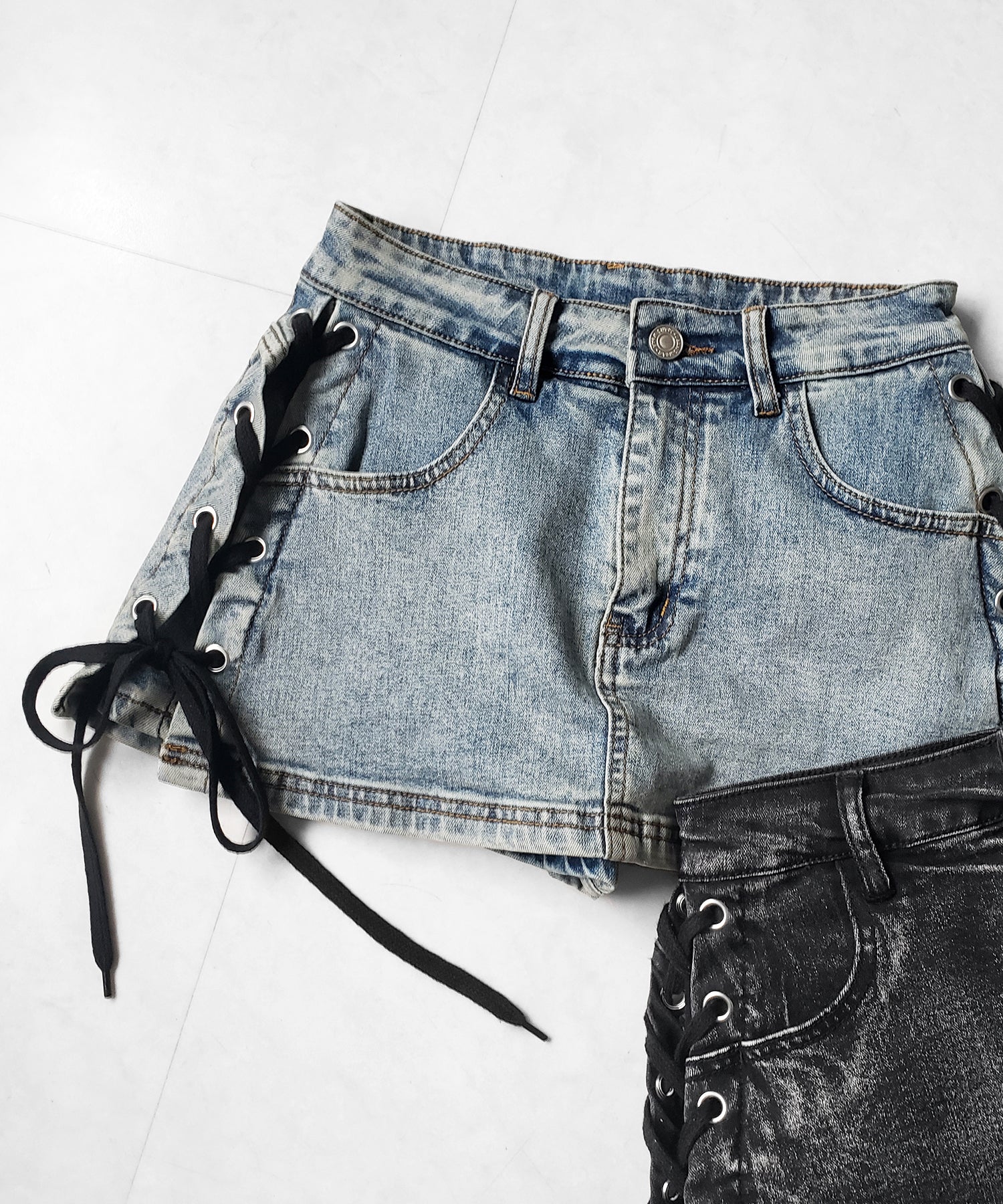 【 インパン裏地付き 】レースアップマイクロデニムミニスカパン / Lace-up micro denim mini skirt pants