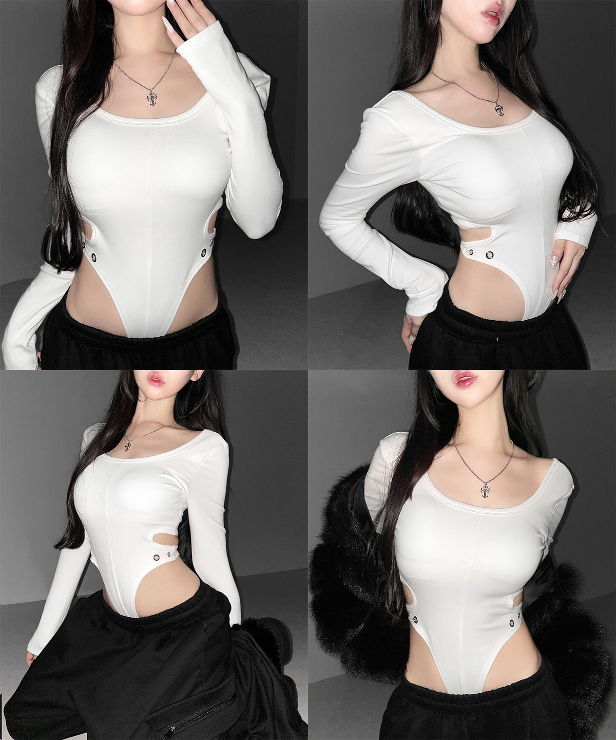 カットアウトアイレット長袖ボディスーツトップス / Cutout eyelet long sleeve bodysuit tops