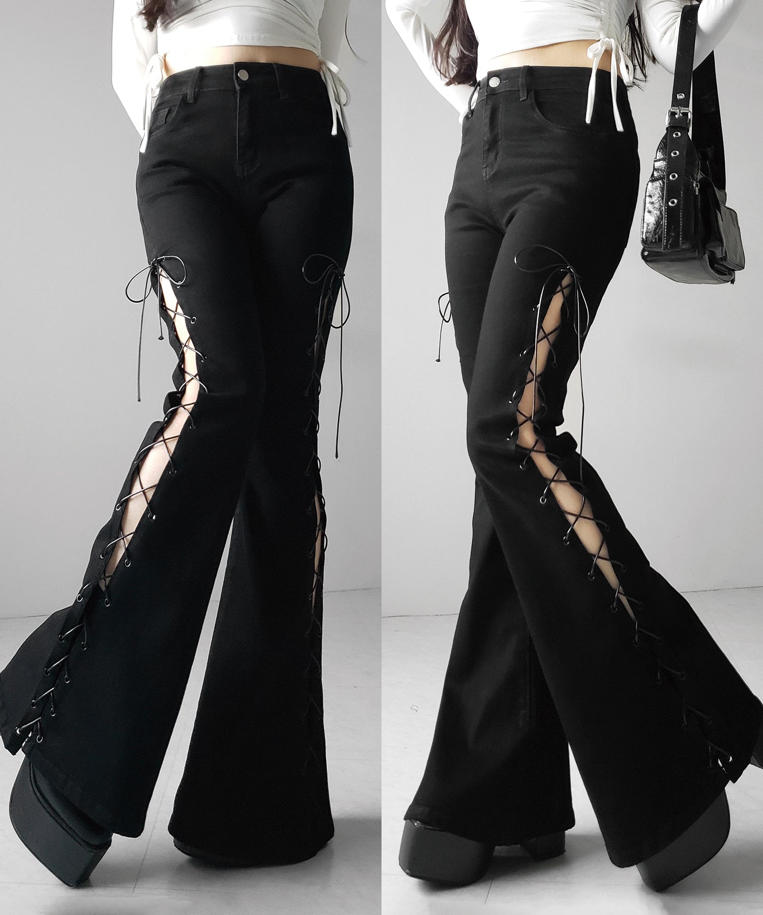 レースアップカットアウトストレッチフレアデニム / lace up cutout stretch flare denim
