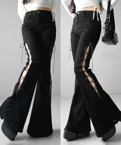 レースアップカットアウトストレッチフレアデニム / lace up cutout stretch flare denim